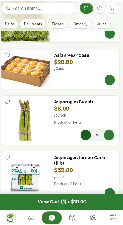 Your storefront on a customer's phone: produce by the case and by the each, with pricing, quantity steppers and a running cart total.