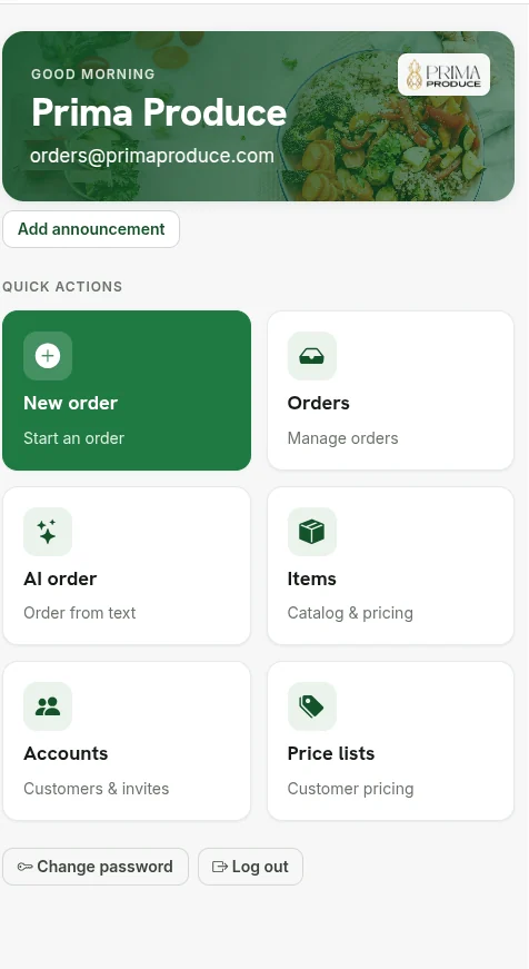An instance dashboard under the distributor's own branding, with quick actions for new orders, AI orders, items, accounts and price lists.