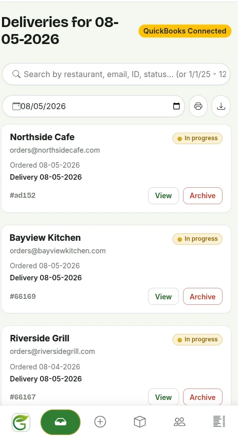 The day's deliveries: every order for the date with its status, order number, and QuickBooks connection state.