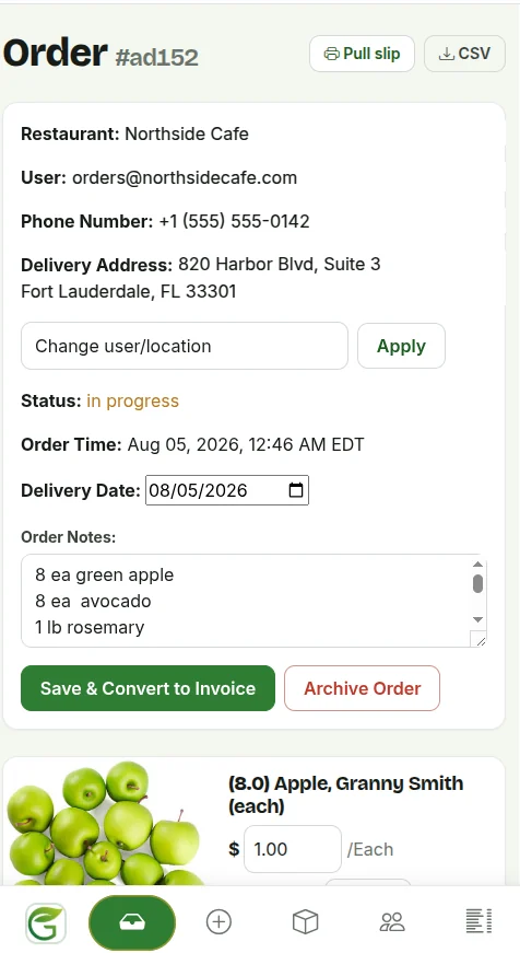 An incoming order: customer and delivery details, order notes, priced line items, and buttons to print a pull slip, export CSV, or convert it to an invoice.